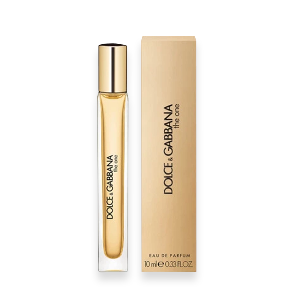 The One for Men by Dolce & Gabbana Pocket Spray Eau de Toilette » Scott Beauty Shop Dolce & Gabbana The One perfume bottle next to its beige box, gold-cap design