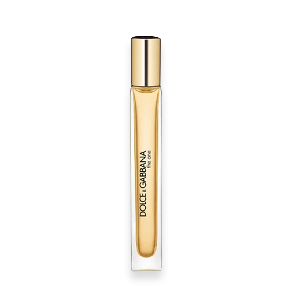 The One for Men by Dolce & Gabbana Pocket Spray Eau de Toilette » Scott Beauty Shop Dolce & Gabbana perfume bottle with a gold cap and amber liquid.