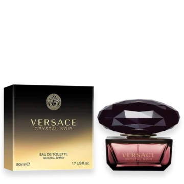 Versace Crystal Noir Eau de Toilette perfume bottle with dark purple glass and elegant design