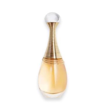 Bottle of J’adore perfume by Dior featuring an elegant golden amphora-shaped design