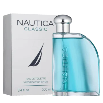 Bottle of Nautica Classic perfume featuring a clear glass design with a nautical-inspired blue cap