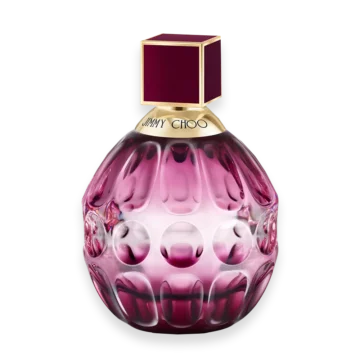Jimmy Choo Fever perfume bottle with dark plum glass and gold cap