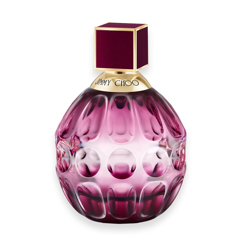 Jimmy Choo Fever Eau de Parfum » Scott Beauty Shop Jimmy Choo Fever perfume bottle with dark plum glass and gold cap