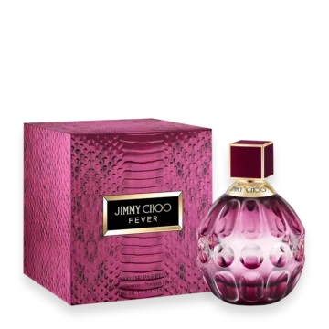 Jimmy Choo Fever perfume bottle with dark plum glass and gold cap