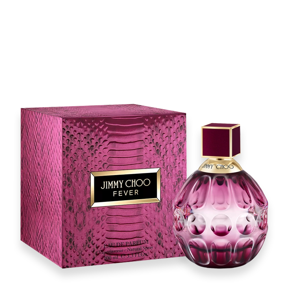 Jimmy Choo Fever Eau de Parfum » Scott Beauty Shop Jimmy Choo Fever perfume bottle with dark plum glass and gold cap