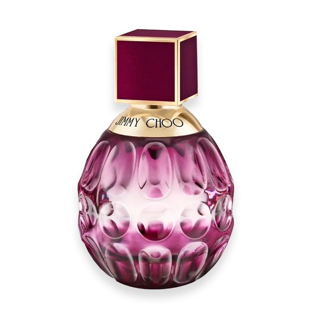 Jimmy Choo Fever Eau de Parfum » Scott Beauty Shop Jimmy Choo Fever perfume bottle with dark plum glass and gold cap