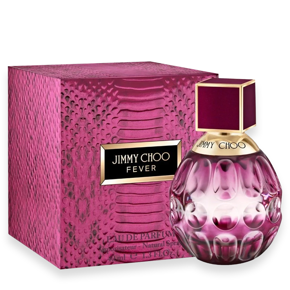 Jimmy Choo Fever Eau de Parfum » Scott Beauty Shop Jimmy Choo Fever perfume bottle with dark plum glass and gold cap