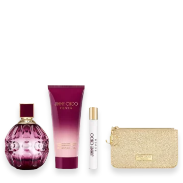 Jimmy Choo Fever gift set with spray, lotion, travel spray, and pouch