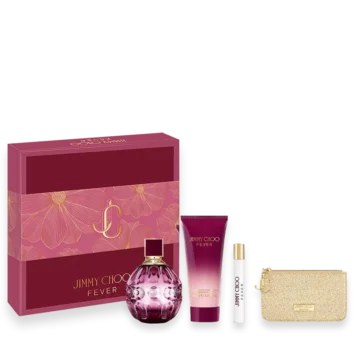 Jimmy Choo Fever 4-piece gift set with 3.3 oz spray, 3.3 oz lotion, mini spray, and pouch
