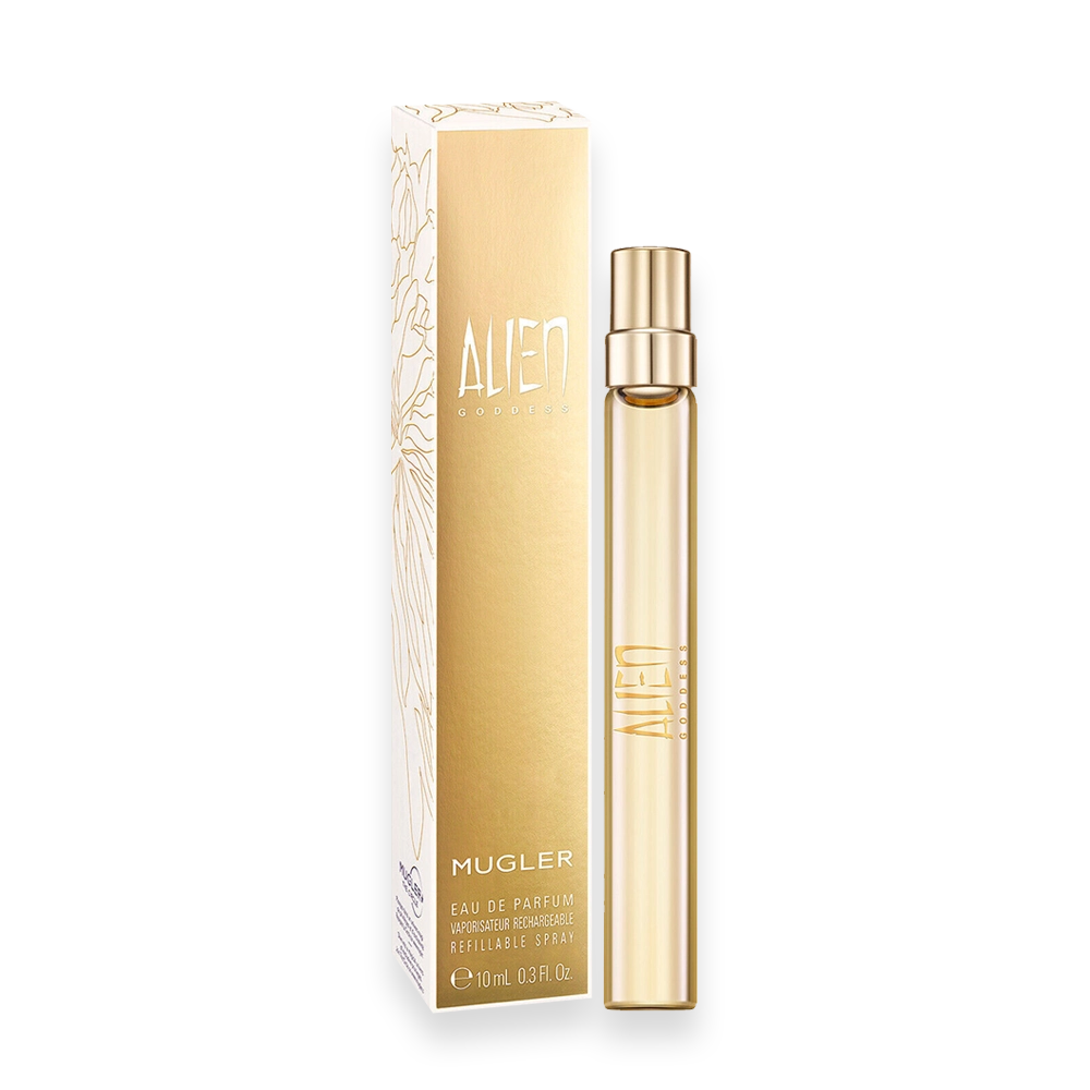 Alien Goddess by Mugler Purse Spray – Travel Size Refillable Perfume » Scott Beauty Shop Alien Goddess by Mugler purse spray refillable travel perfume bottle in gold packaging
