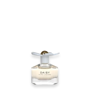Marc Jacobs Daisy Miniature Eau de Toilette » Scott Beauty Shop Daisy by Marc Jacobs perfume bottle with clear glass and white cap and gold dome top close-up.