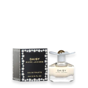 Marc Jacobs Daisy Miniature Eau de Toilette » Scott Beauty Shop Daisy by Marc Jacobs perfume bottle with matching black box edged in white daisies, 'Daisy' and brand text visible.