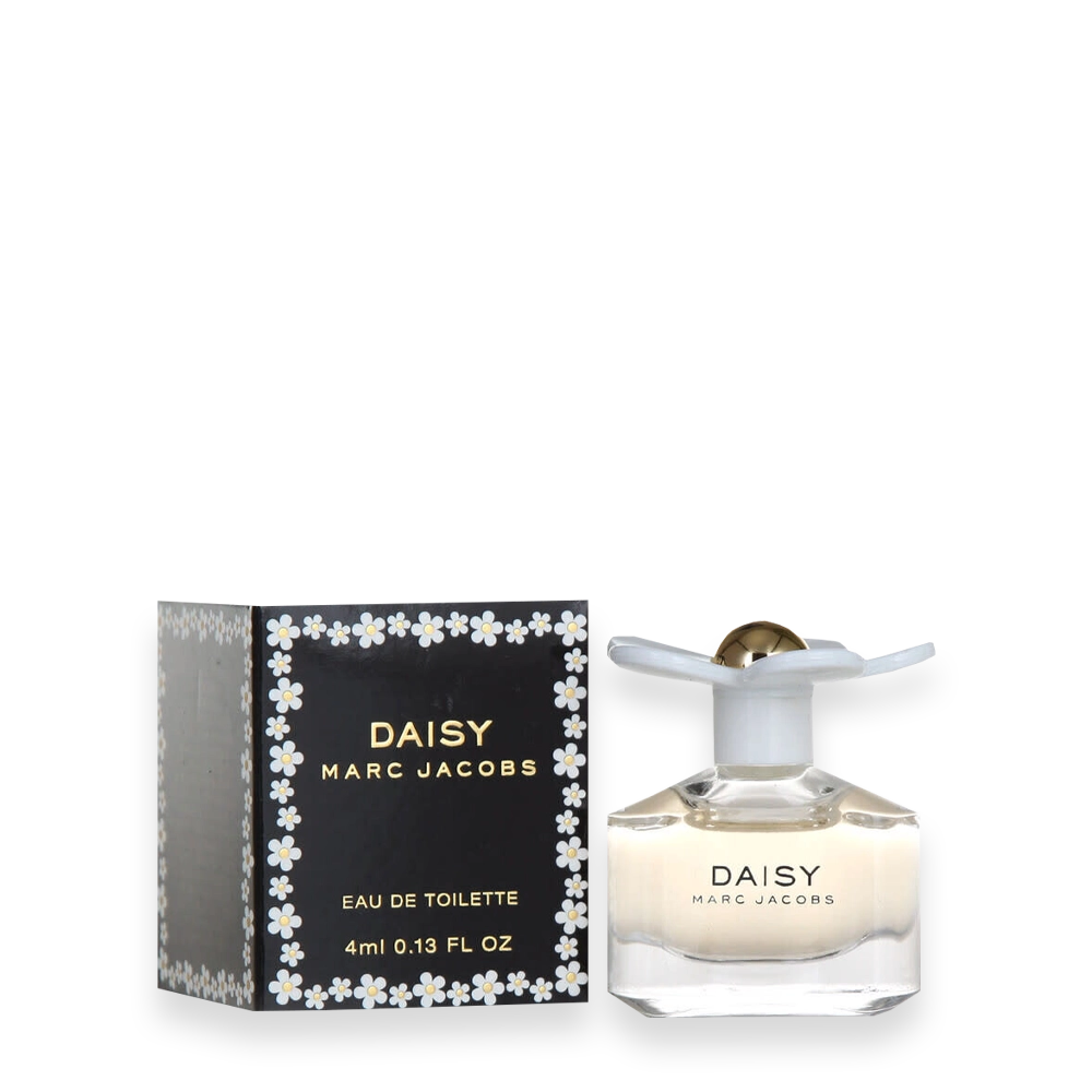 Marc Jacobs Daisy Miniature Eau de Toilette » Scott Beauty Shop Daisy by Marc Jacobs perfume bottle with matching black box edged in white daisies, 'Daisy' and brand text visible.