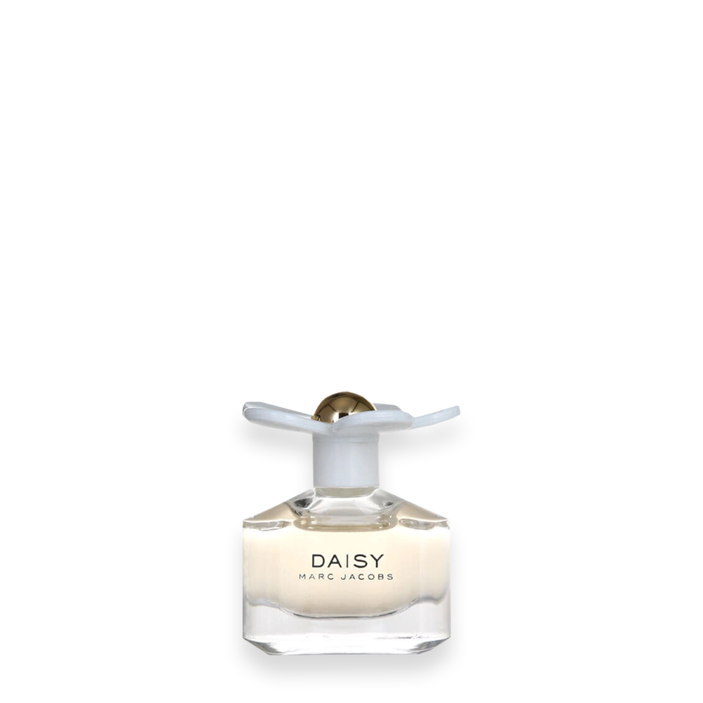 Marc Jacobs Daisy Miniature Eau de Toilette » Scott Beauty Shop Daisy by Marc Jacobs perfume bottle with clear glass and white cap and gold dome top close-up.