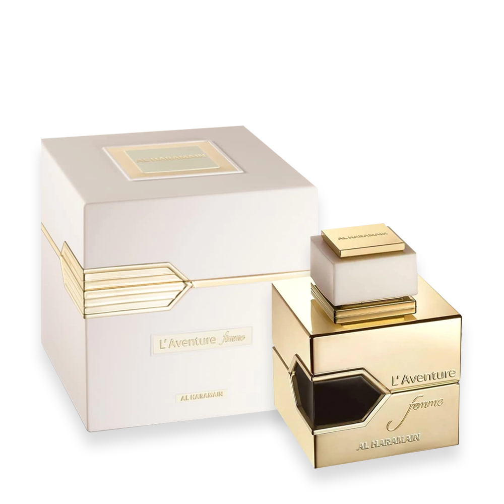 L'Aventure Eau de Parfum by Al Haramain – Fresh Fruity Woody Men's Fragrance » Scott Beauty Shop Al Haramain L'Aventure Eau de Parfum men's fragrance bottle with sleek black and gold design
