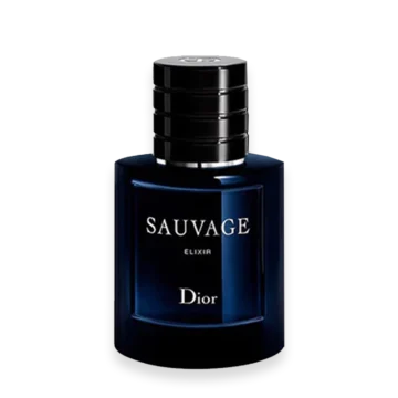 Sauvage Elixir » Scott Beauty Shop Dior Sauvage Elixir bottle—dark blue glass with black cap, perfume bottle on white background