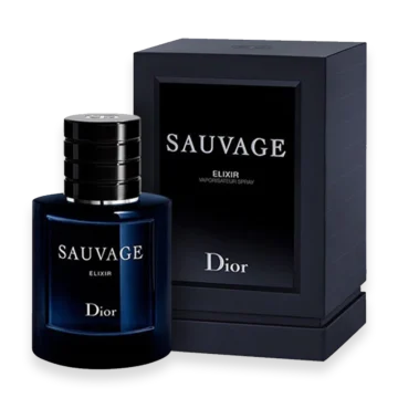 Sauvage Elixir » Scott Beauty Shop Dior Sauvage perfume bottle and matching dark box set against a white background