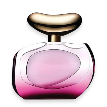 Pink perfume bottle with a gold cap on a white background, glossy and curved design.