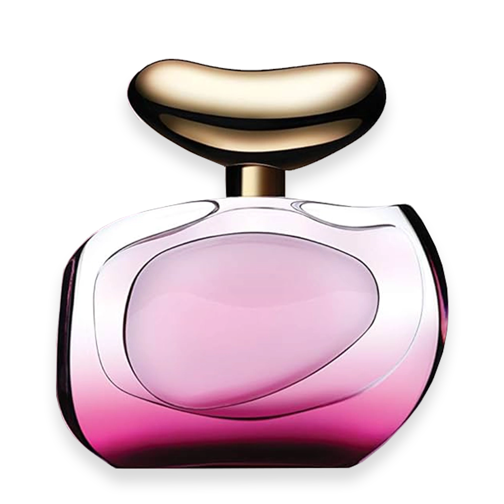 7786VC » Scott Beauty Shop Pink perfume bottle with a gold cap on a white background, glossy and curved design.