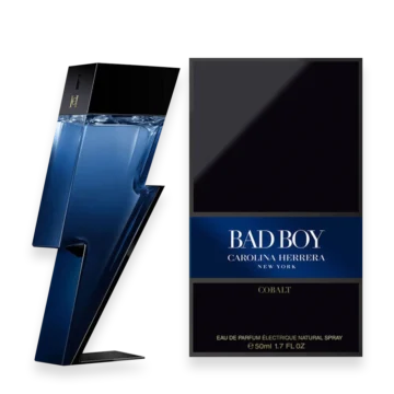 Bad Boy Cobalt by Carolina Herrera blue lightning bolt shaped perfume bottle