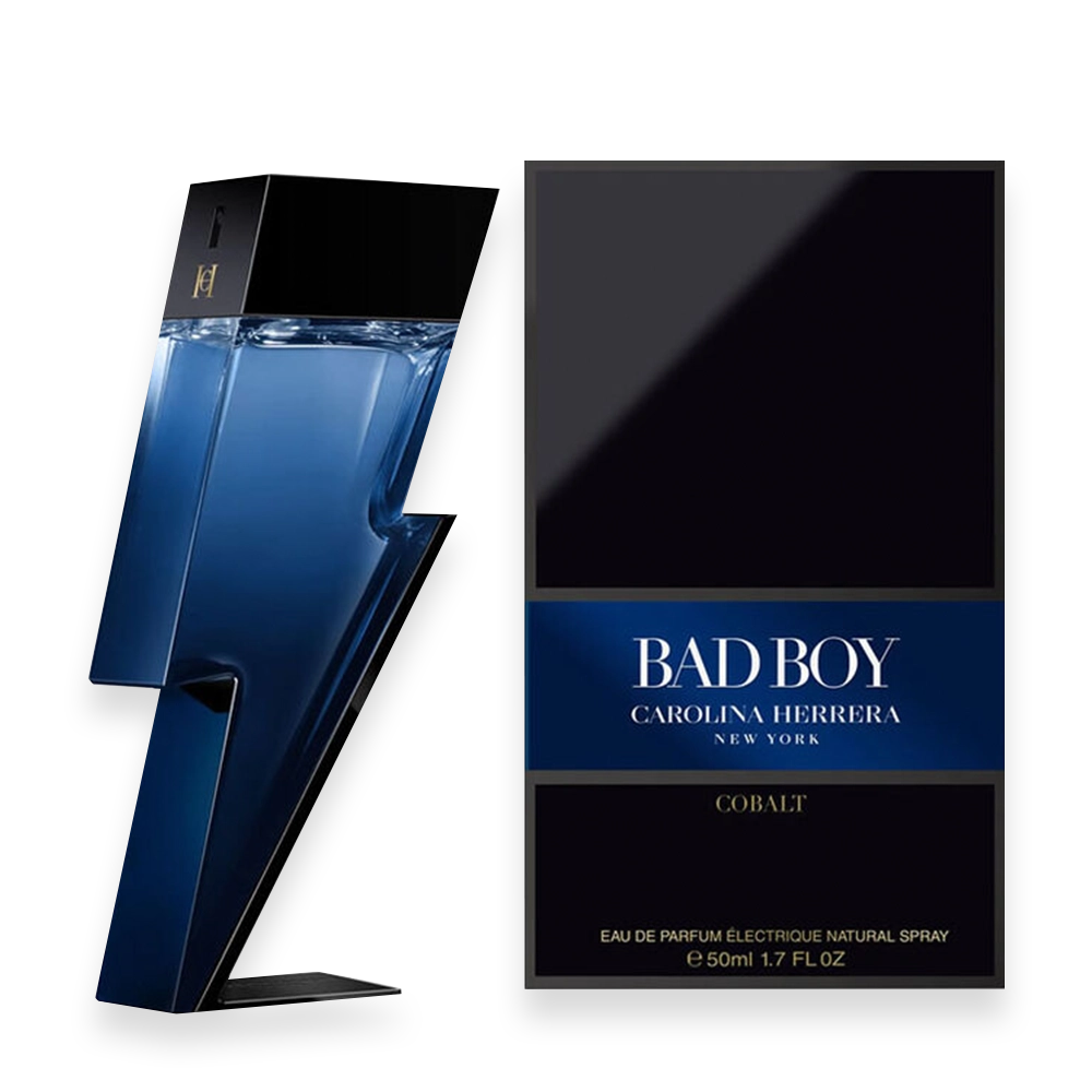 Bad Boy Cobalt by Carolina Herrera – Fresh Woody Aromatic Fragrance » Scott Beauty Shop Bad Boy Cobalt by Carolina Herrera blue lightning bolt shaped perfume bottle