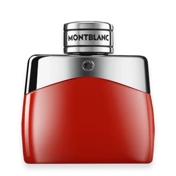 Montblanc perfume bottle with a red glass body and a silver chrome cap on top.