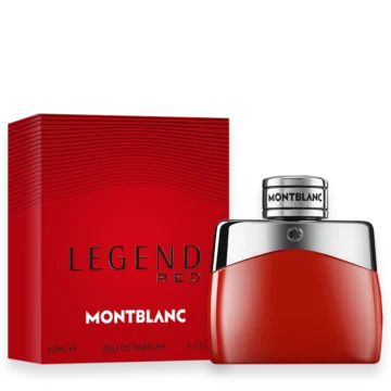 Montblanc Legend Red perfume bottle beside its red box, featuring the label 'LEGEND RED' and 'MONTBLANC' with a silver cap. 50 ml Eau de Parfum.
