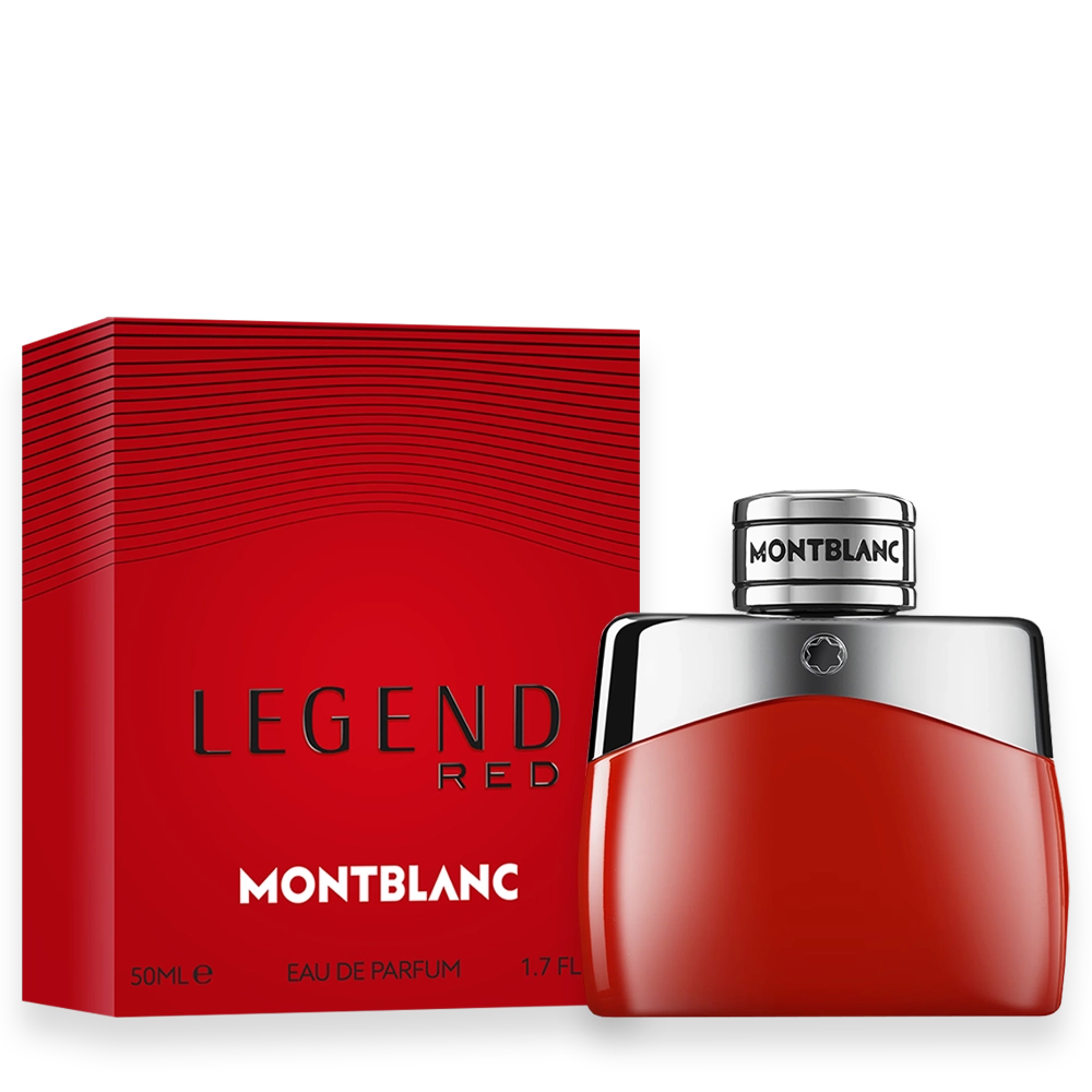 Legend Red by Montblanc Eau de Parfum » Scott Beauty Shop Montblanc Legend Red perfume bottle beside its red box, featuring the label 'LEGEND RED' and 'MONTBLANC' with a silver cap. 50 ml Eau de Parfum.