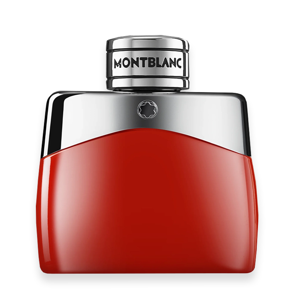 Legend Red by Montblanc Eau de Parfum » Scott Beauty Shop Montblanc perfume bottle with a red glass body and a silver chrome cap on top.