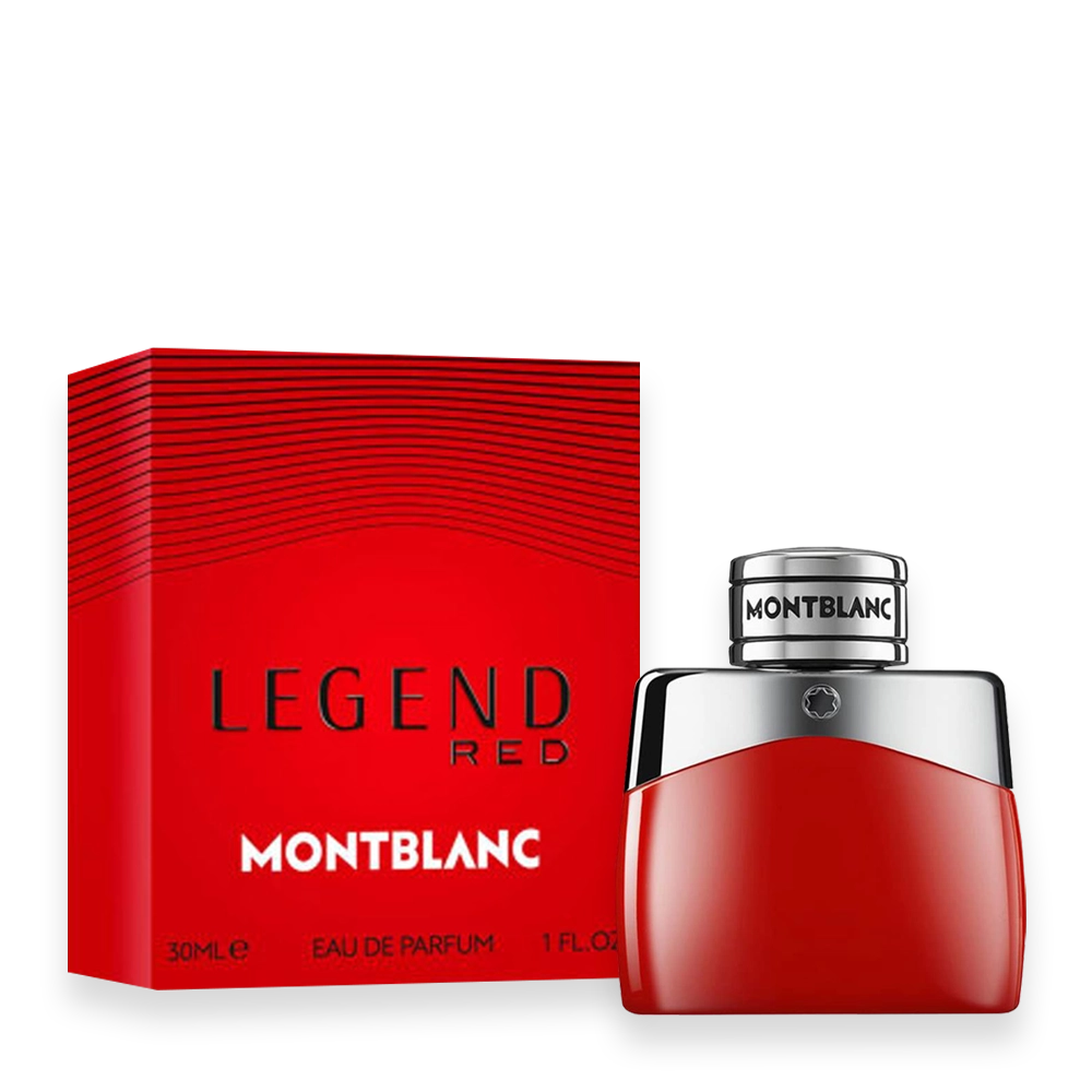 Montblanc Legend Red Eau de Parfum – Bold Woody Citrus Fragrance for Men » Scott Beauty Shop Montblanc Legend Red Eau de Parfum bottle in striking red with silver cap and logo