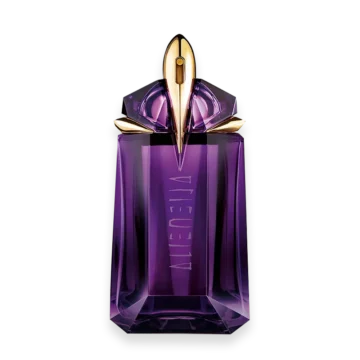 Alien by Thierry Mugler purple gemstone bottle with jasmine, cashmeran wood, and white amber notes