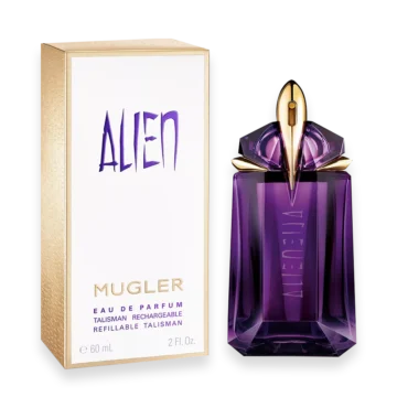 Alien by Thierry Mugler purple gemstone bottle with jasmine, cashmeran wood, and white amber notes