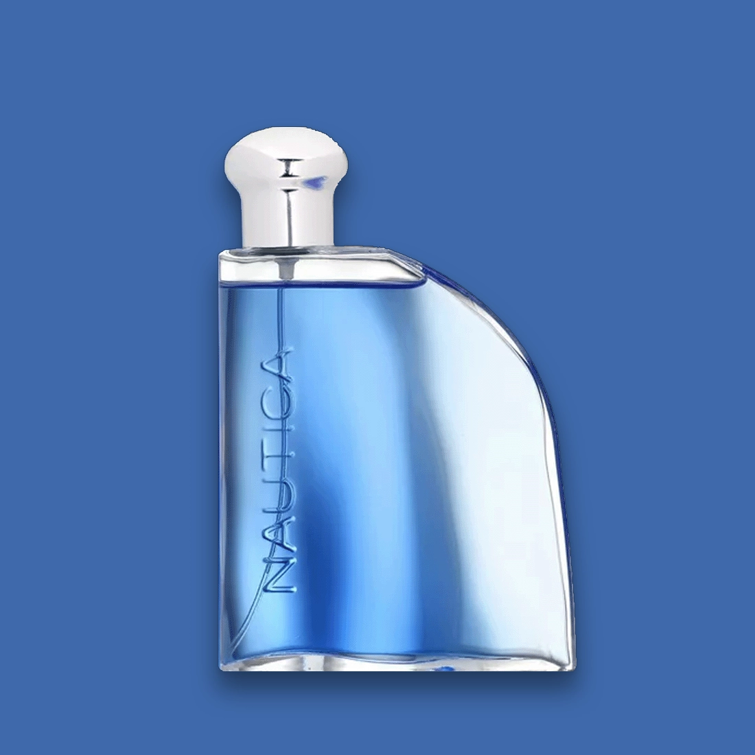 Nautica Blue Eau de Toilette » Scott Beauty Shop Nautica perfume bottle with blue liquid and silver cap on a blue background, product photo.