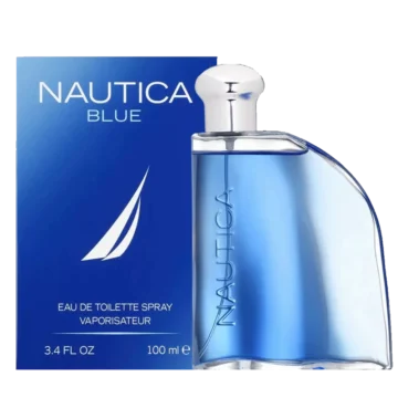 Bottle of Nautica Blue Eau de Toilette featuring a deep blue glass design inspired by the ocean