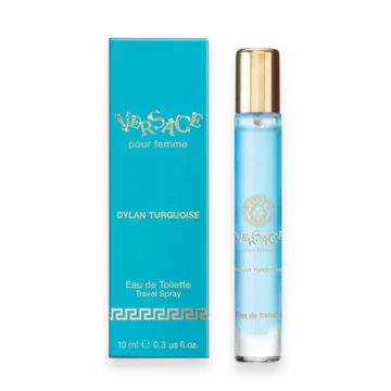 Travel-size bottle of Versace Dylan Turquoise Pour Femme featuring a turquoise design with gold accents