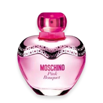 Pink Moschino perfume bottle for Pink Bouquet with a rounded pink glass design and a pink cap, text on bottle reads 'MOSCHINO Pink Bouquet'