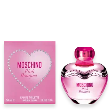 Moschino Pink Bouquet perfume box and matching pink bottle on a black background.