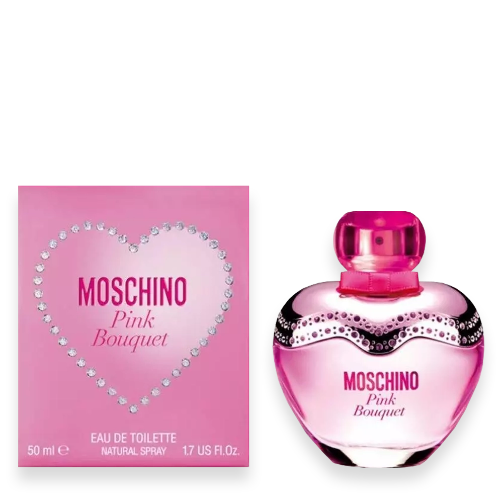 Pink Bouquet by Moschino Eau de Toilette » Scott Beauty Shop Moschino Pink Bouquet perfume box and matching pink bottle on a black background.