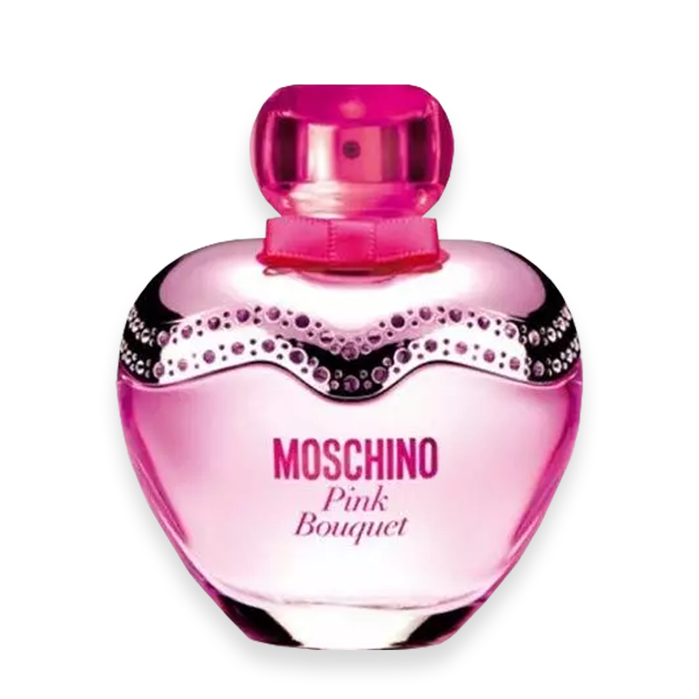 Pink Bouquet by Moschino Eau de Toilette » Scott Beauty Shop Pink Moschino perfume bottle for Pink Bouquet with a rounded pink glass design and a pink cap, text on bottle reads 'MOSCHINO Pink Bouquet'