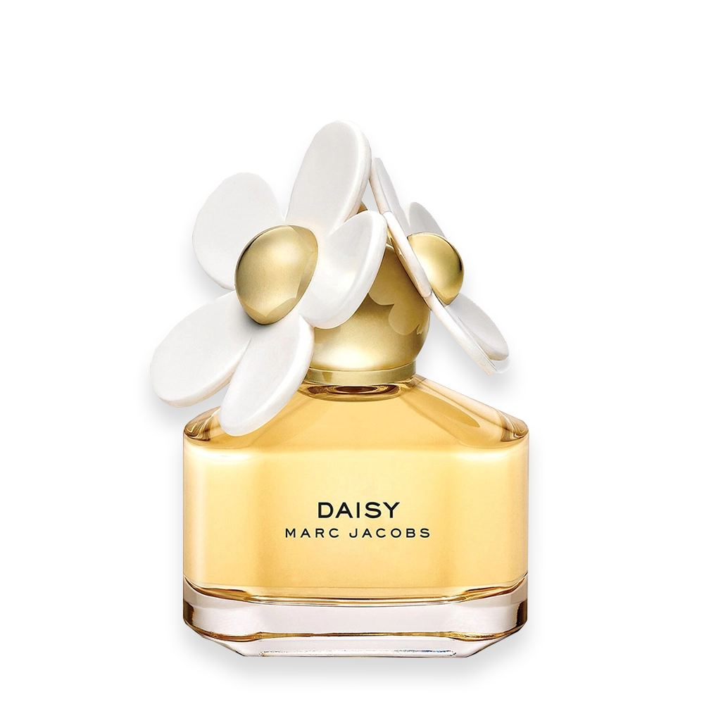 Marc Jacobs Daisy 1.7 oz Eau de Toilette | Scott Beauty Shop » Scott Beauty Shop Marc Jacobs Daisy Eau de Toilette 1.7 oz bottle with white daisy flower cap and clear glass design.