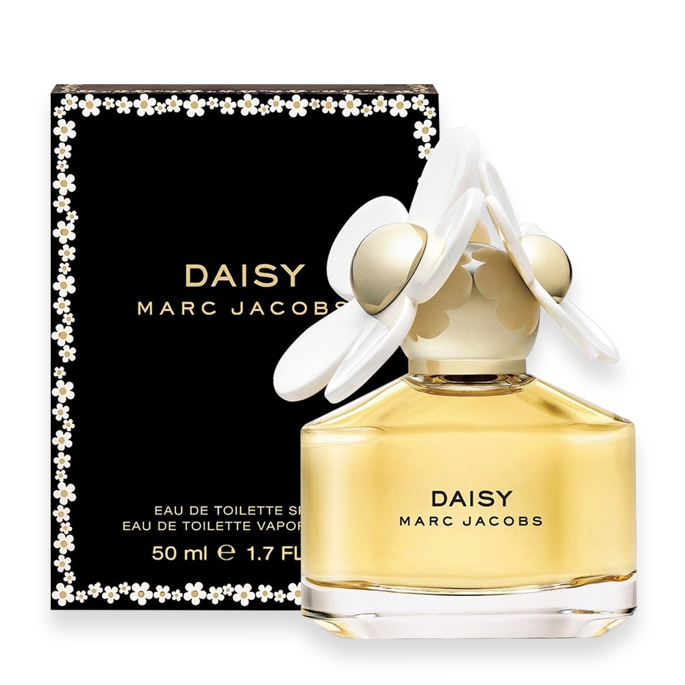 Marc Jacobs Daisy 1.7 oz Eau de Toilette | Scott Beauty Shop » Scott Beauty Shop Marc Jacobs Daisy Eau de Toilette 1.7 oz bottle with white daisy flower cap and clear glass design with black box.