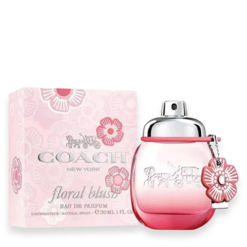 Coach Floral Blush Eau de Parfum bottle with pink tea rose detail and leather tag