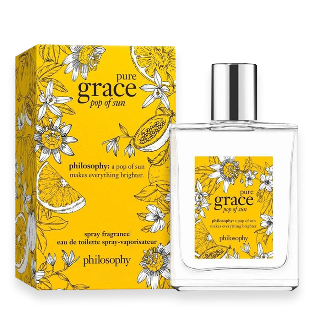 8275PH BOX » Scott Beauty Shop Perfume bottle with yellow floral box labeled 'pure grace pop of sun' by Philosophy, eau de toilette spray.