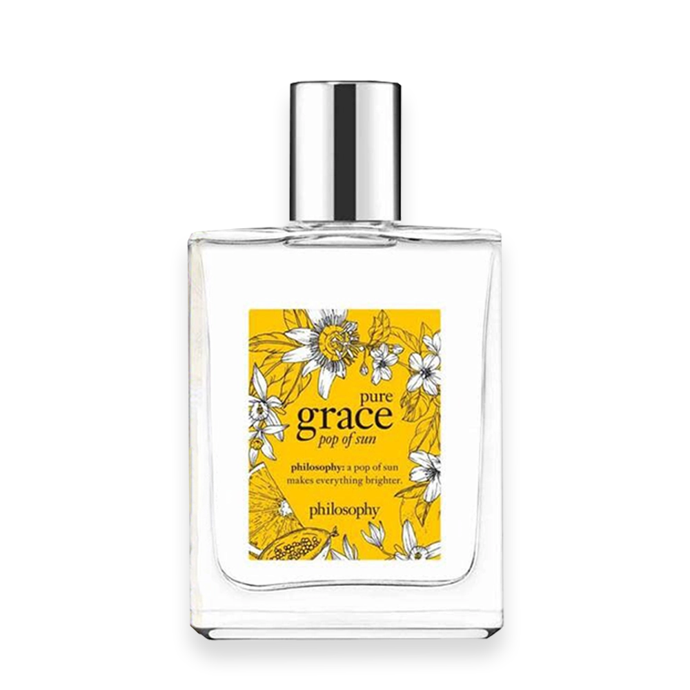 8275PH » Scott Beauty Shop Clear glass perfume bottle with a silver cap and a bright yellow label featuring florals and the word 'grace' (Fragrance by Philosophy).