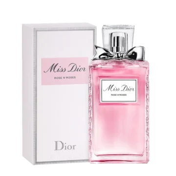 Bottle of Miss Dior Rose N’Roses perfume featuring a clear glass design with a silver bow and soft pink liquid.