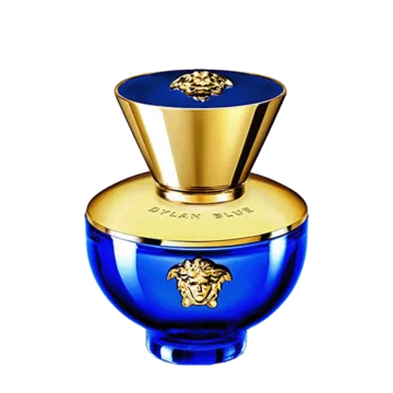 Bottle of Versace Dylan Blue Pour Femme featuring a deep blue glass design with gold Medusa emblem