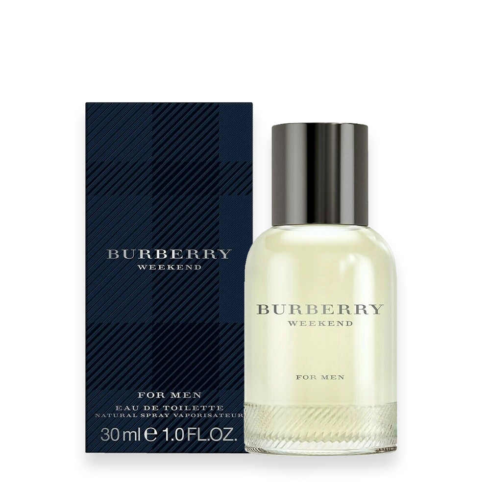 Burberry Weekend for Men Perfume | Fresh Citrus Woody Fragrance » Scott Beauty Shop Bottle of Burberry Weekend for Men perfume featuring a minimalist glass design with a casual, classic aesthetic