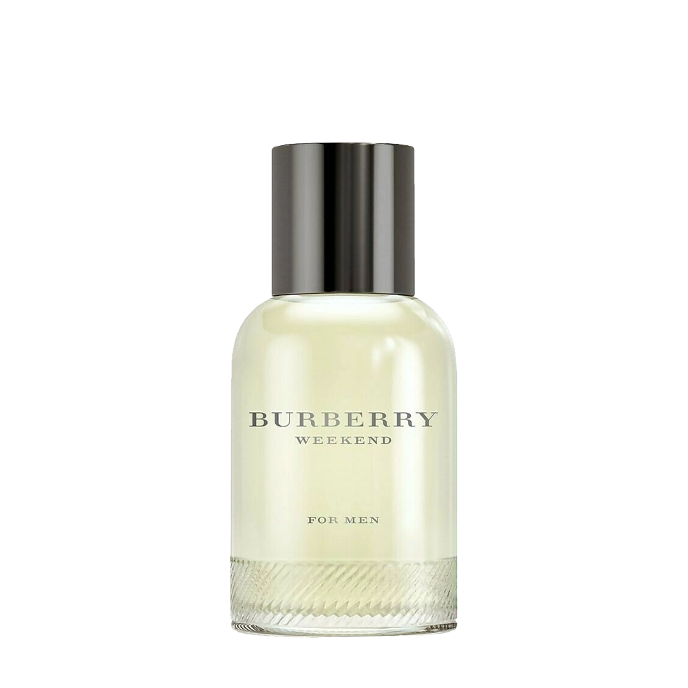 Burberry Weekend for Men Perfume | Fresh Citrus Woody Fragrance » Scott Beauty Shop Bottle of Burberry Weekend for Men perfume featuring a minimalist glass design with a casual, classic aesthetic