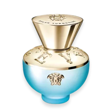 Bottle of Versace Dylan Turquoise Pour Femme featuring turquoise glass with gold Medusa emblem