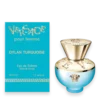 Bottle of Versace Dylan Turquoise Pour Femme featuring turquoise glass with gold Medusa emblem